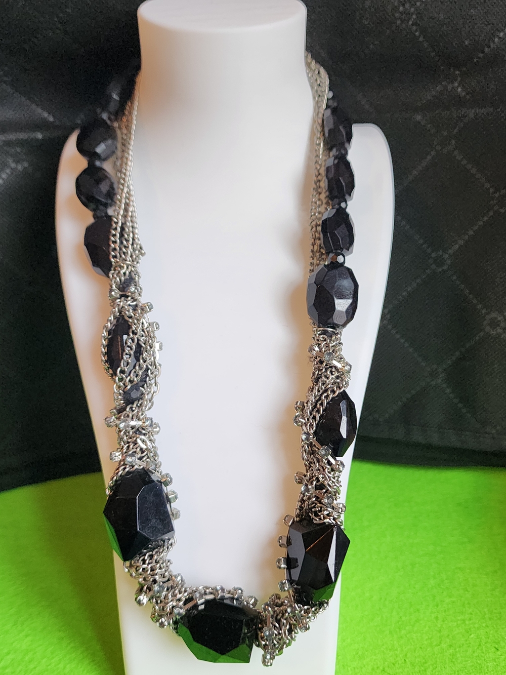 Black Faceted Bead Statement Necklace -